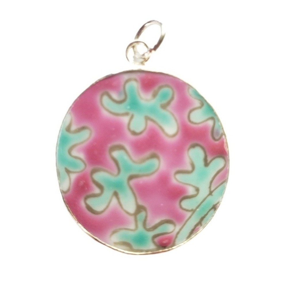 Pink & Mint Green Pottery Shard Pendant Abstract Round Silver‎ Tone Chinoiserie